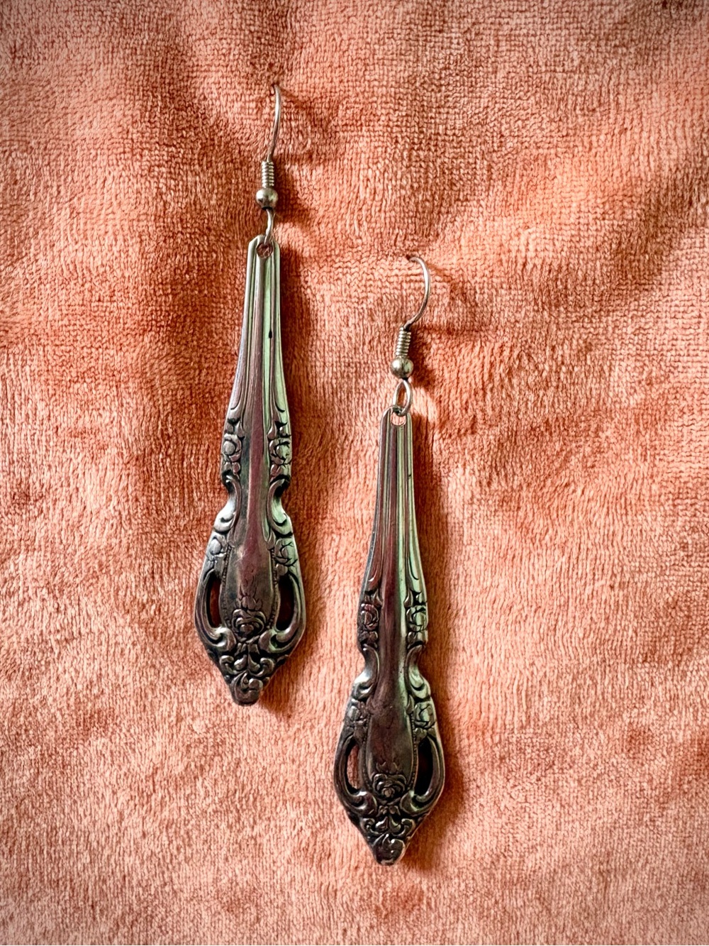 Ornate Silver Spoon Handle Dangle Earrings